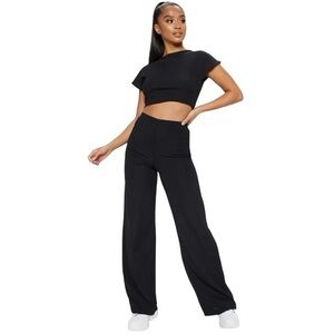 PrettyLittle Thing Ribbed Wide Leg Pants Black 0